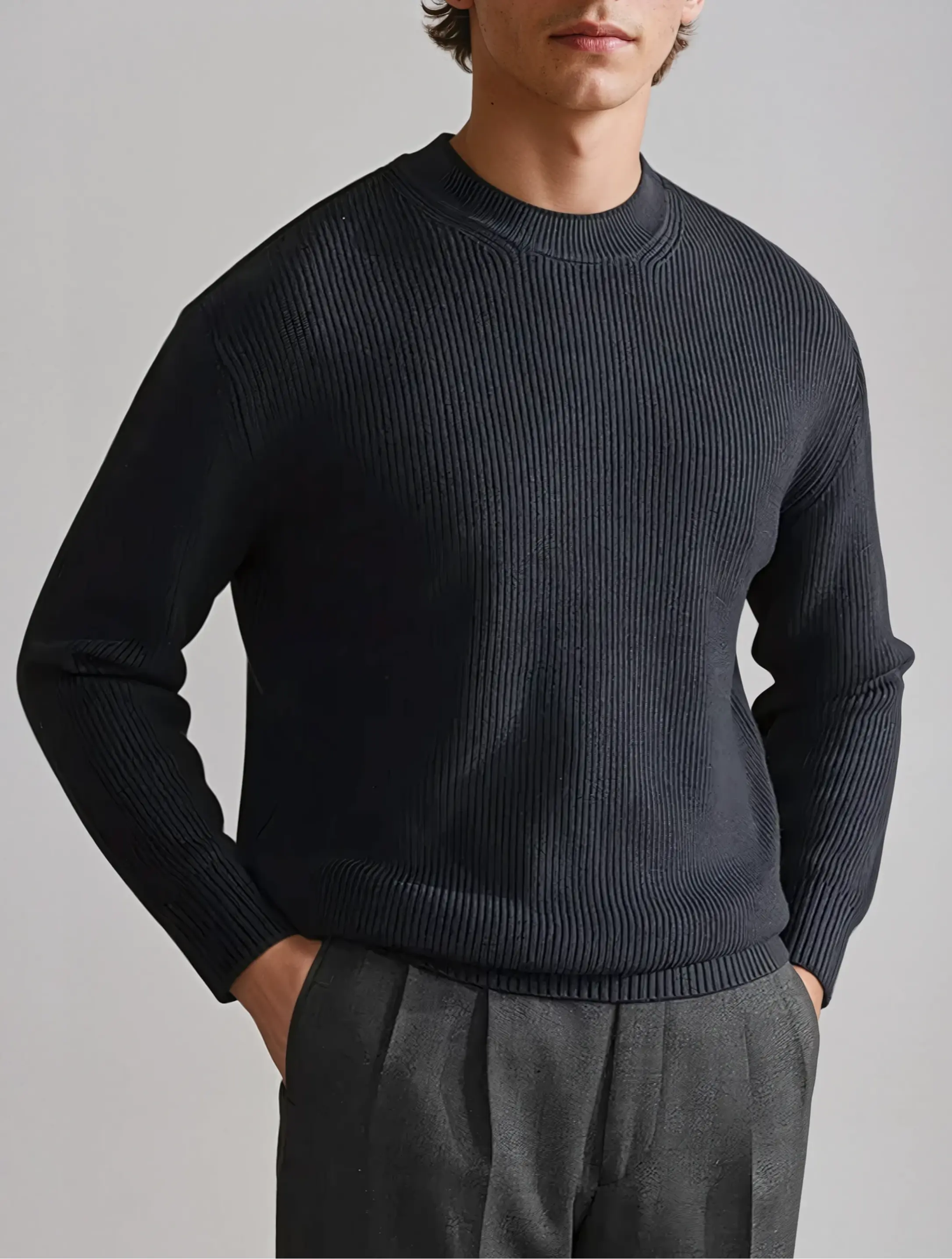 Ribbed Crew Neck Sweater – Navy Blue