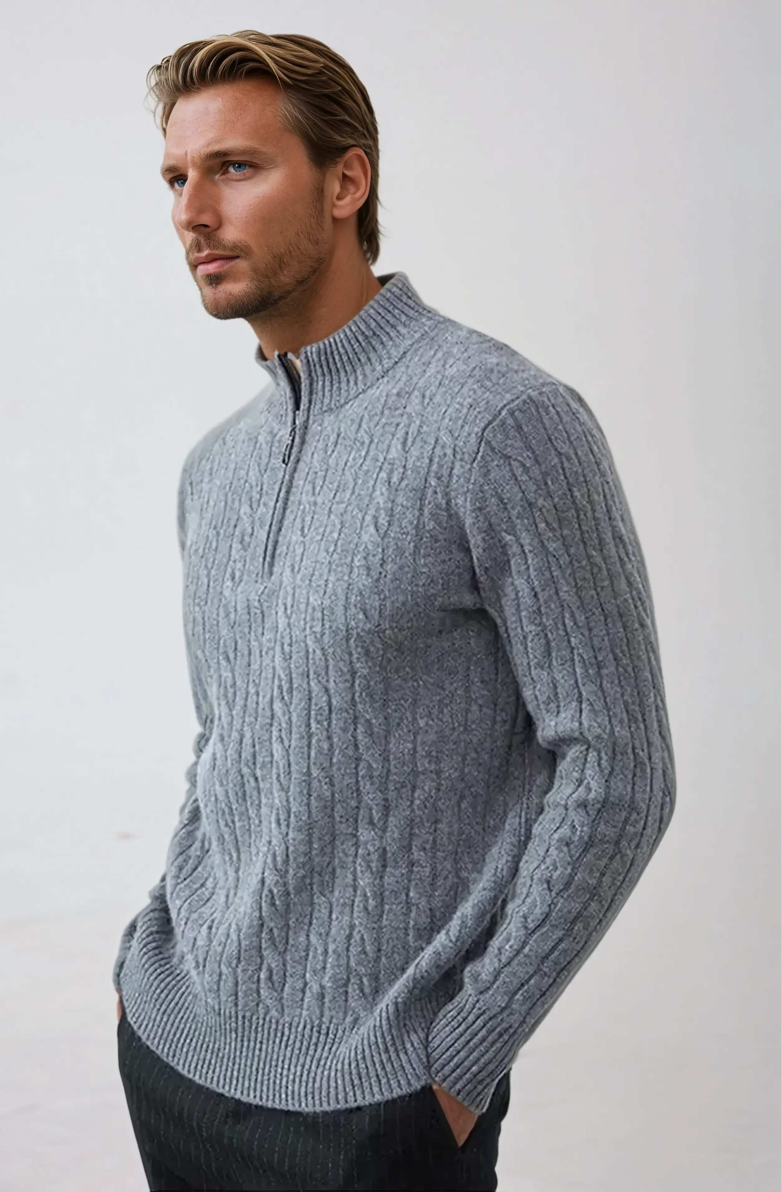 Cable-Knit Zip Sweater – Dark Grey