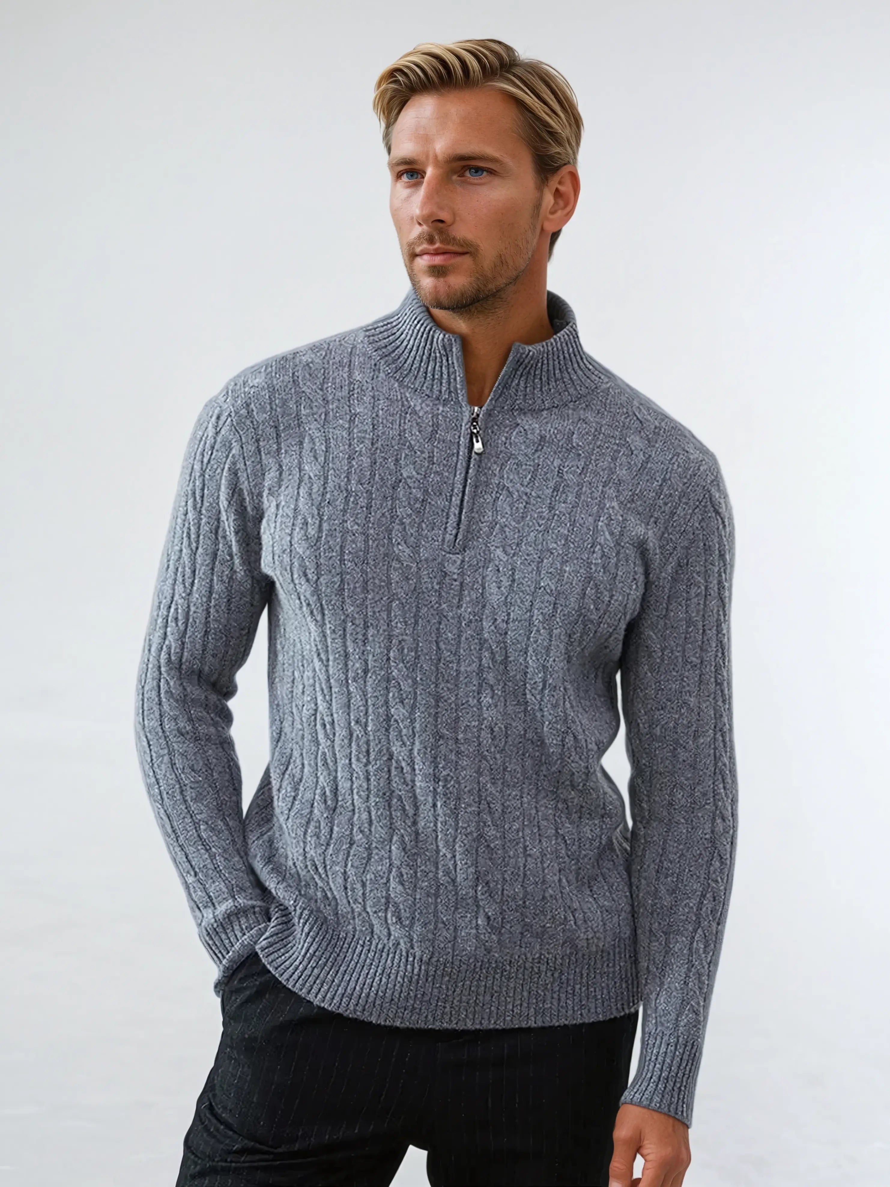 Cable-Knit Zip Sweater – Dark Grey