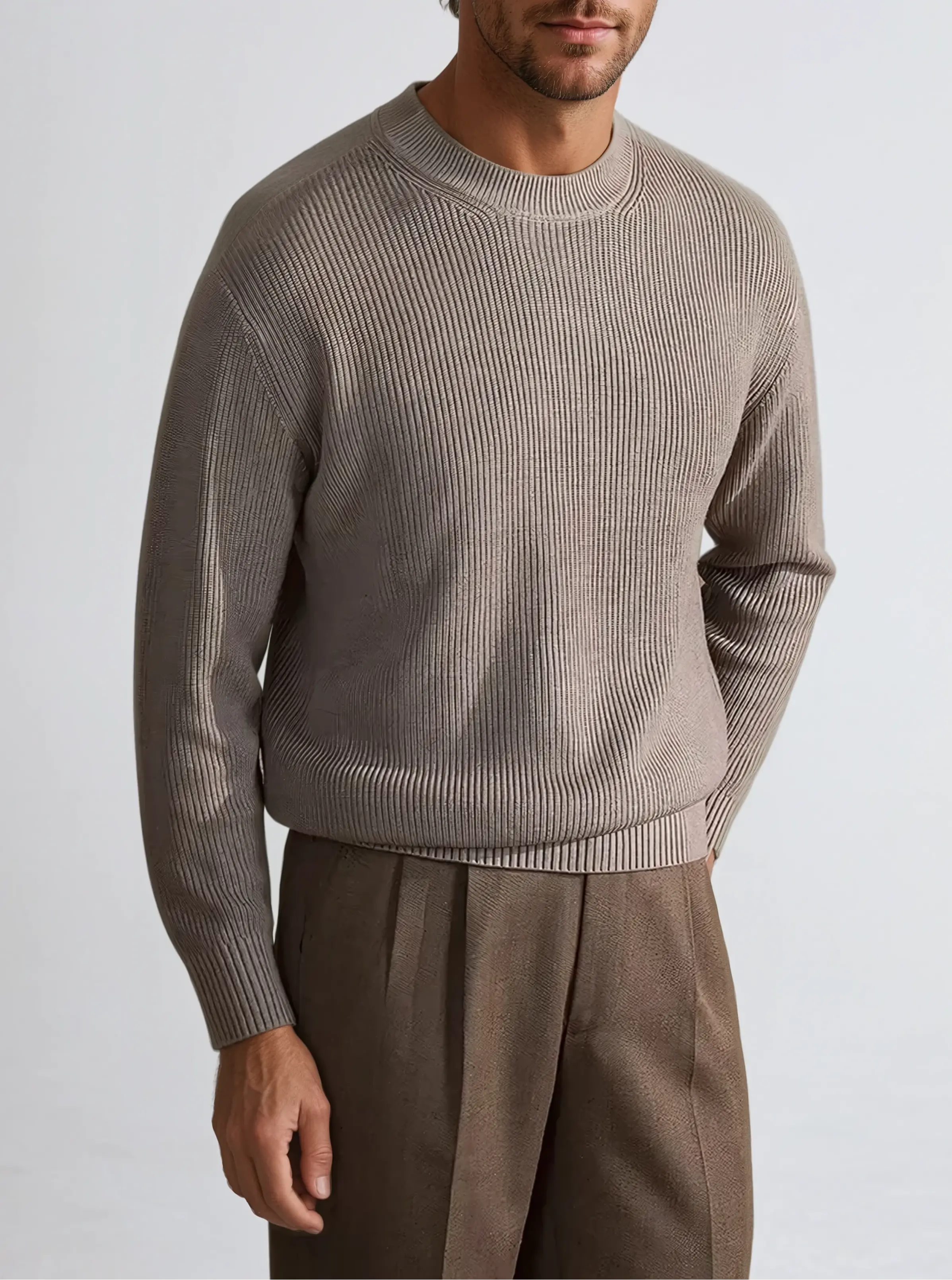 Ribbed Crew Neck Sweater – Grey