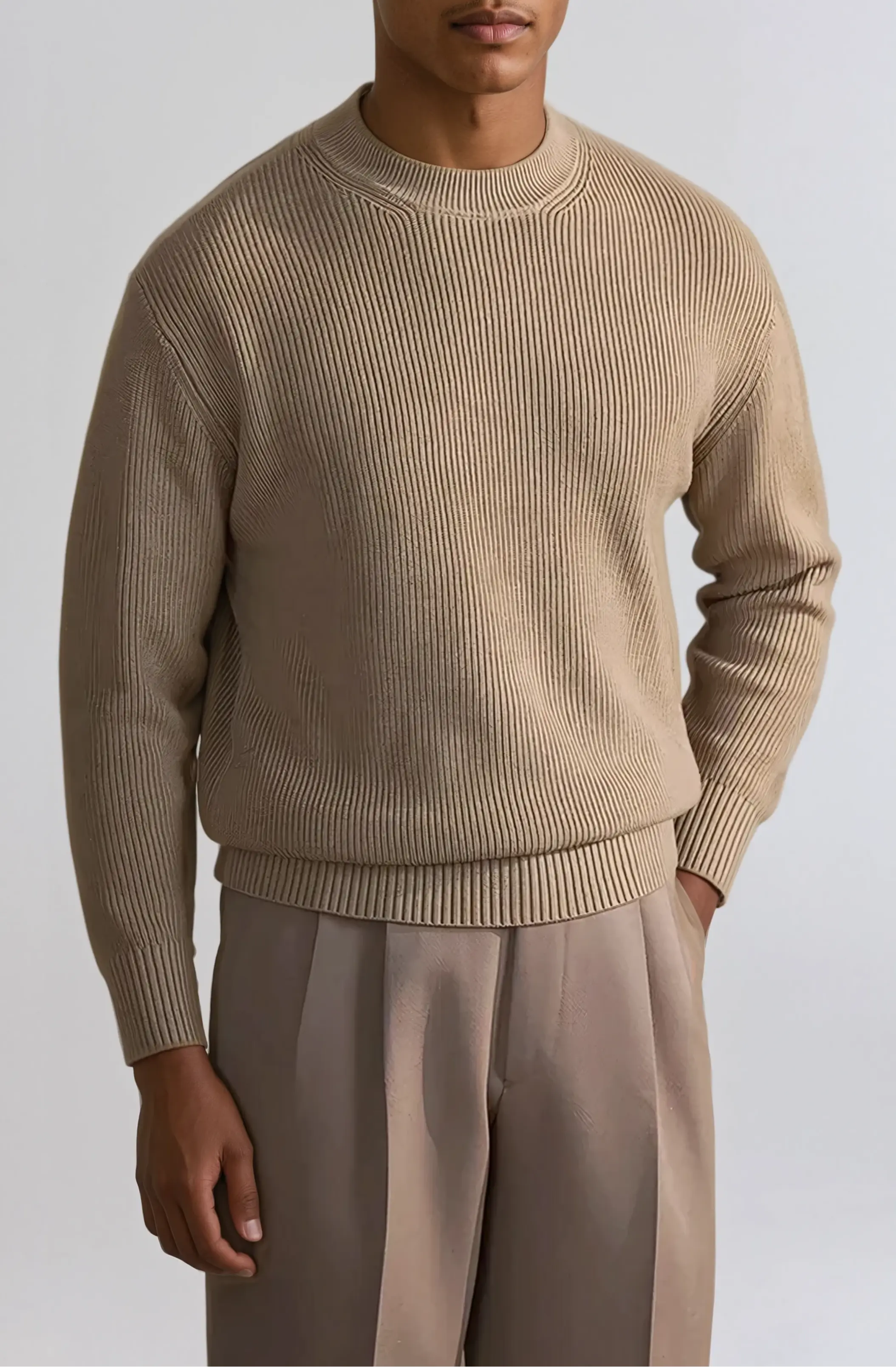 Ribbed Crew Neck Sweater – Khaki