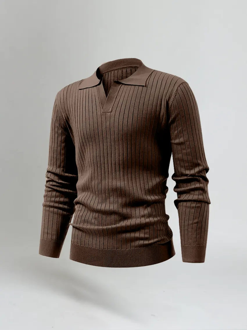 Striped Long-Sleeve Polo – Brown