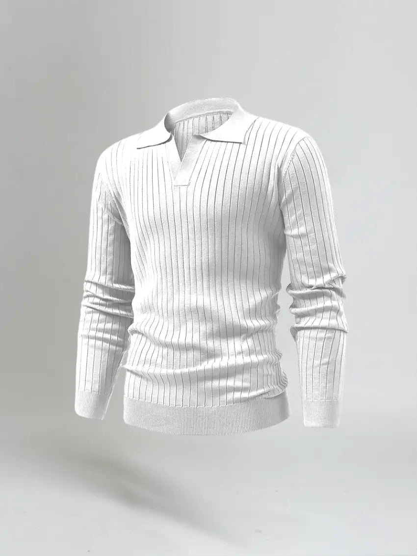 Striped Long-Sleeve Polo – White