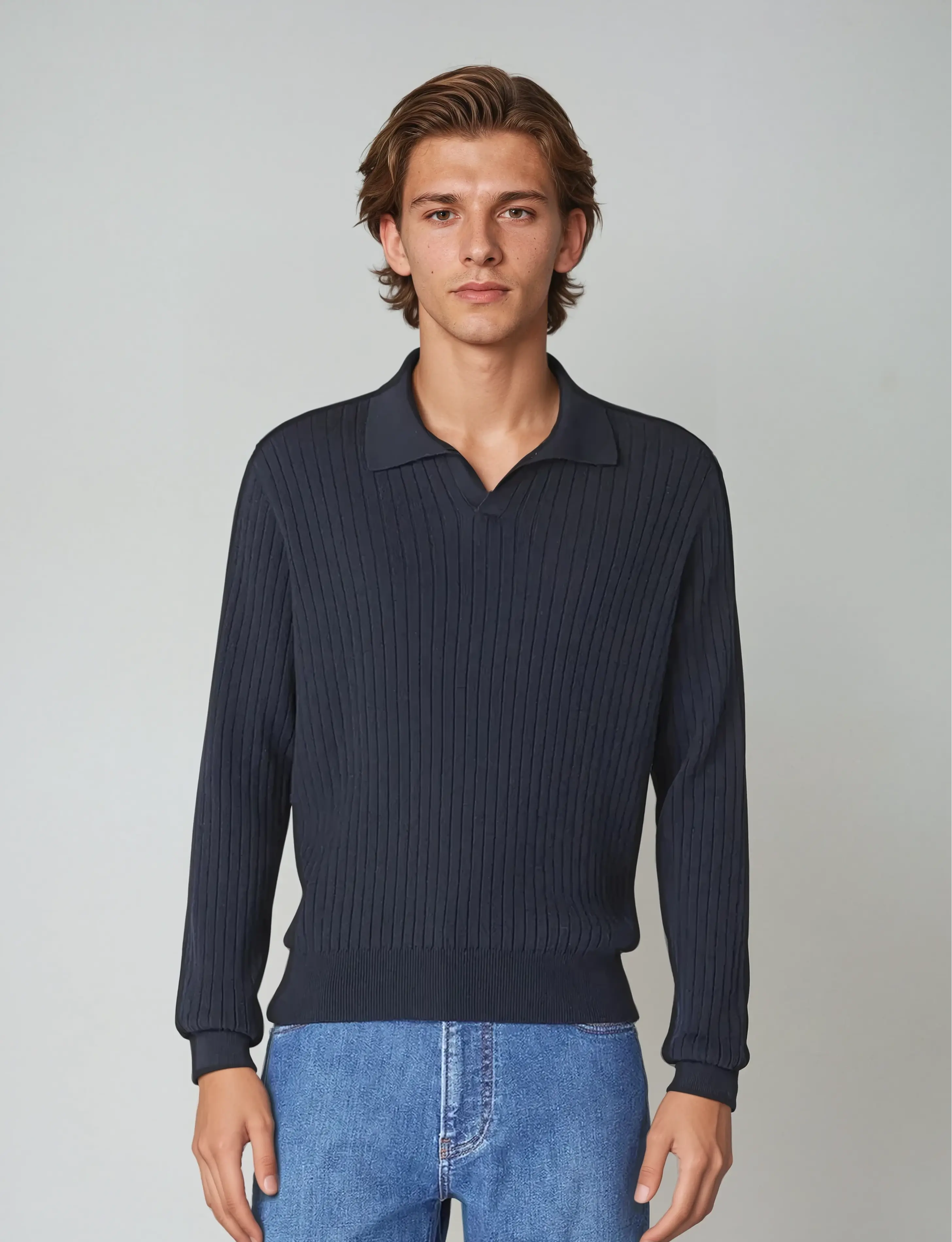 Striped Long-Sleeve Polo – Navy Blue