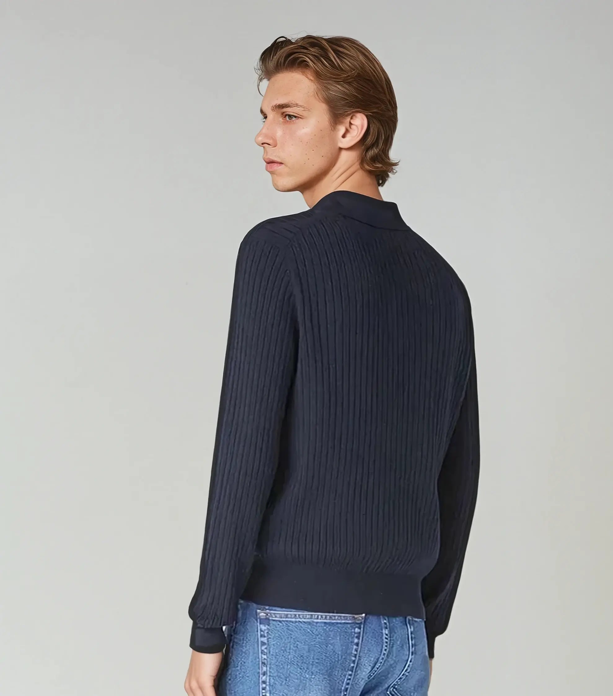 Striped Long-Sleeve Polo – Navy Blue