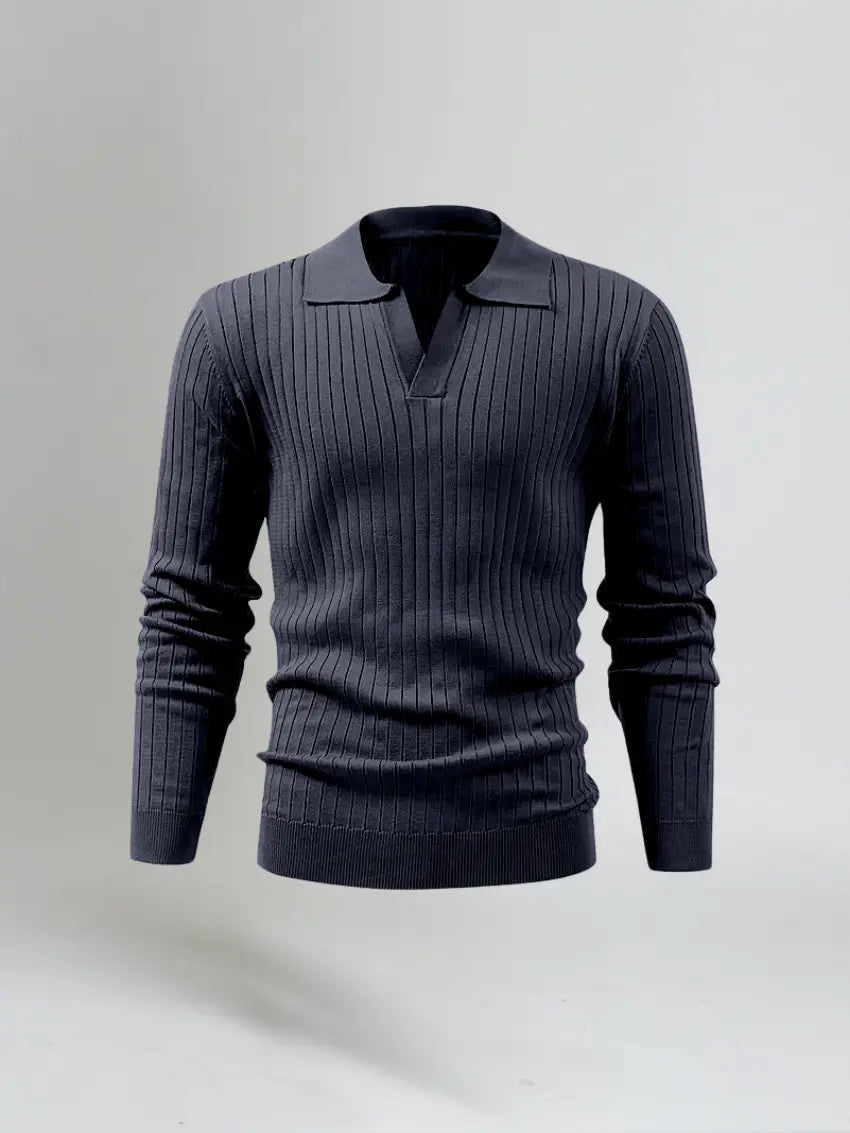 Striped Long-Sleeve Polo – Navy Blue