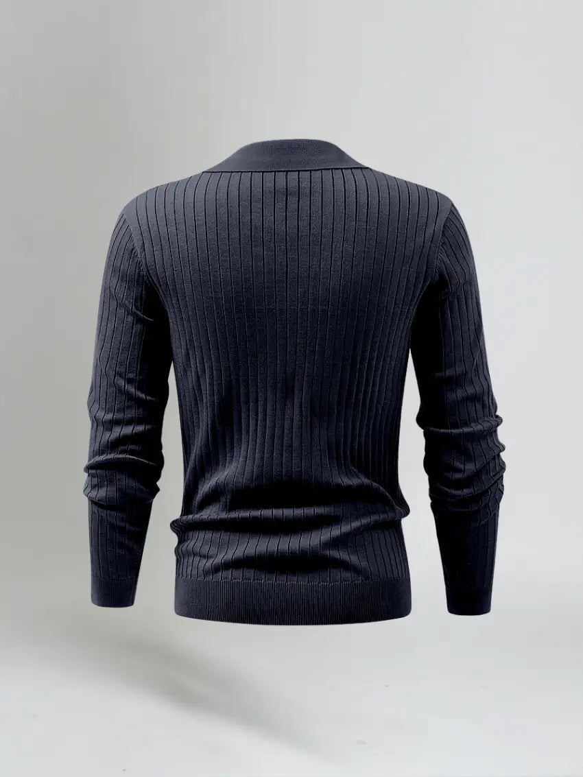 Striped Long-Sleeve Polo – Navy Blue