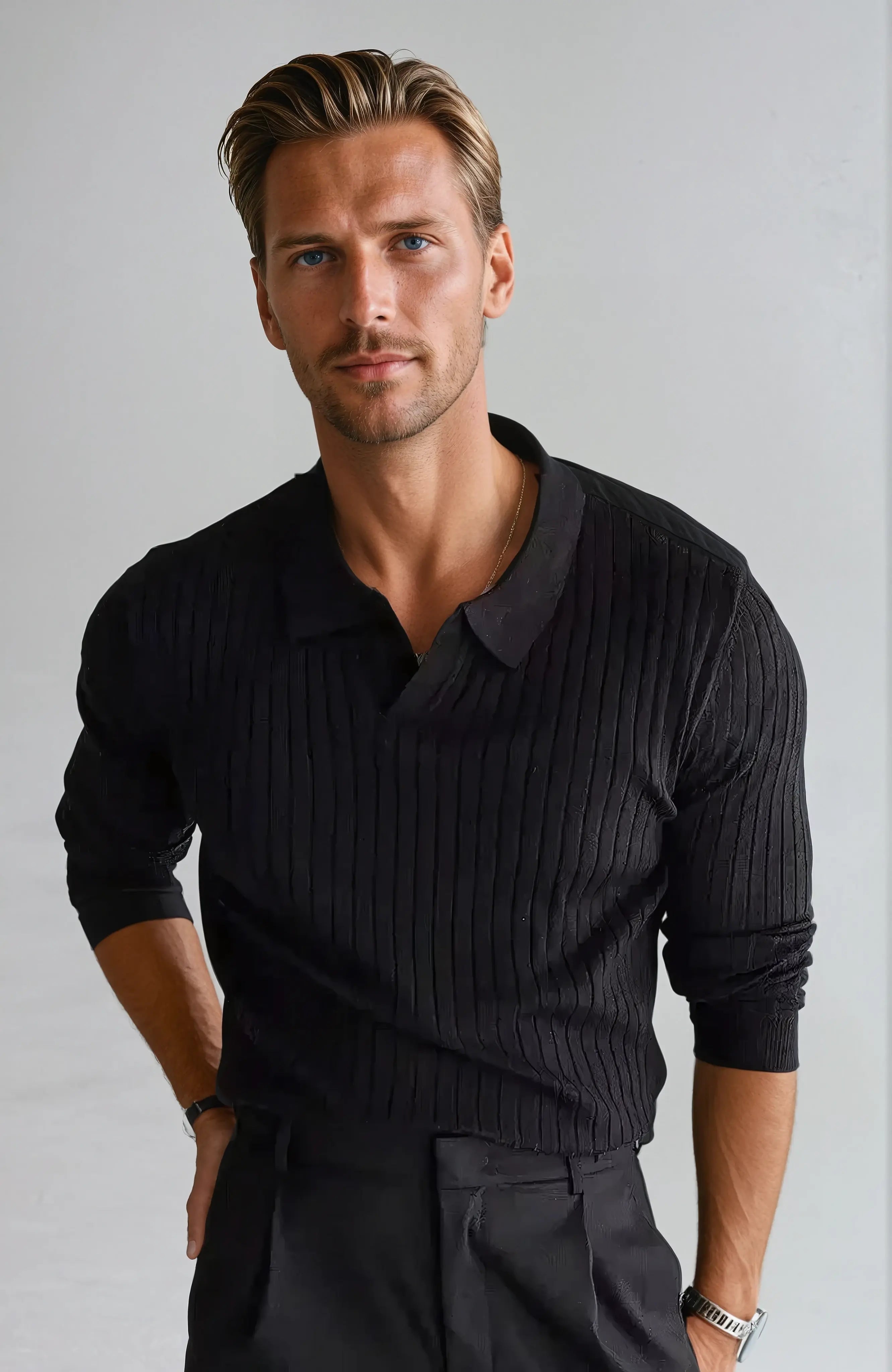 Striped Long-Sleeve Polo – Black