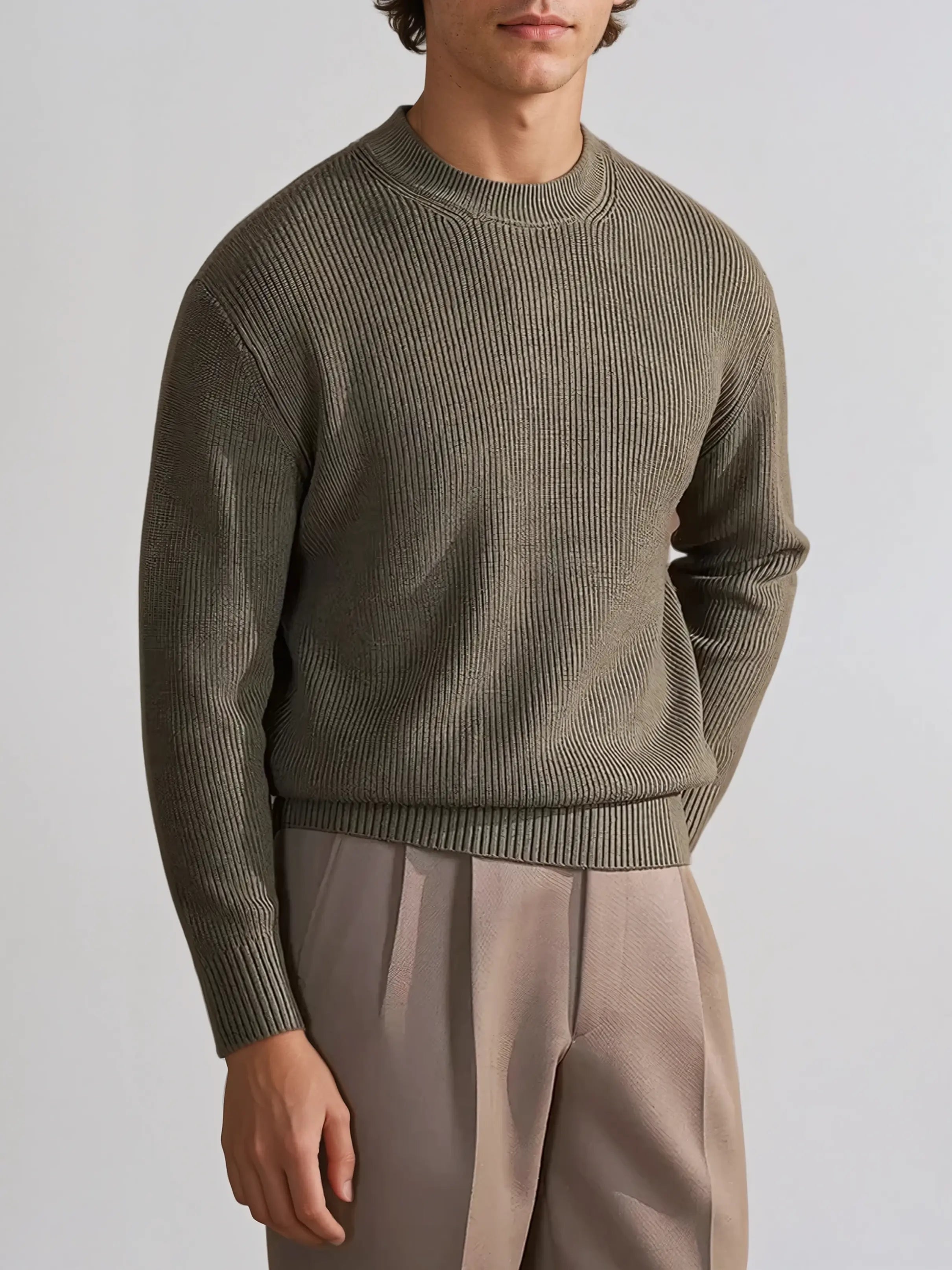 Ribbed Crew Neck Sweater – Olive Green