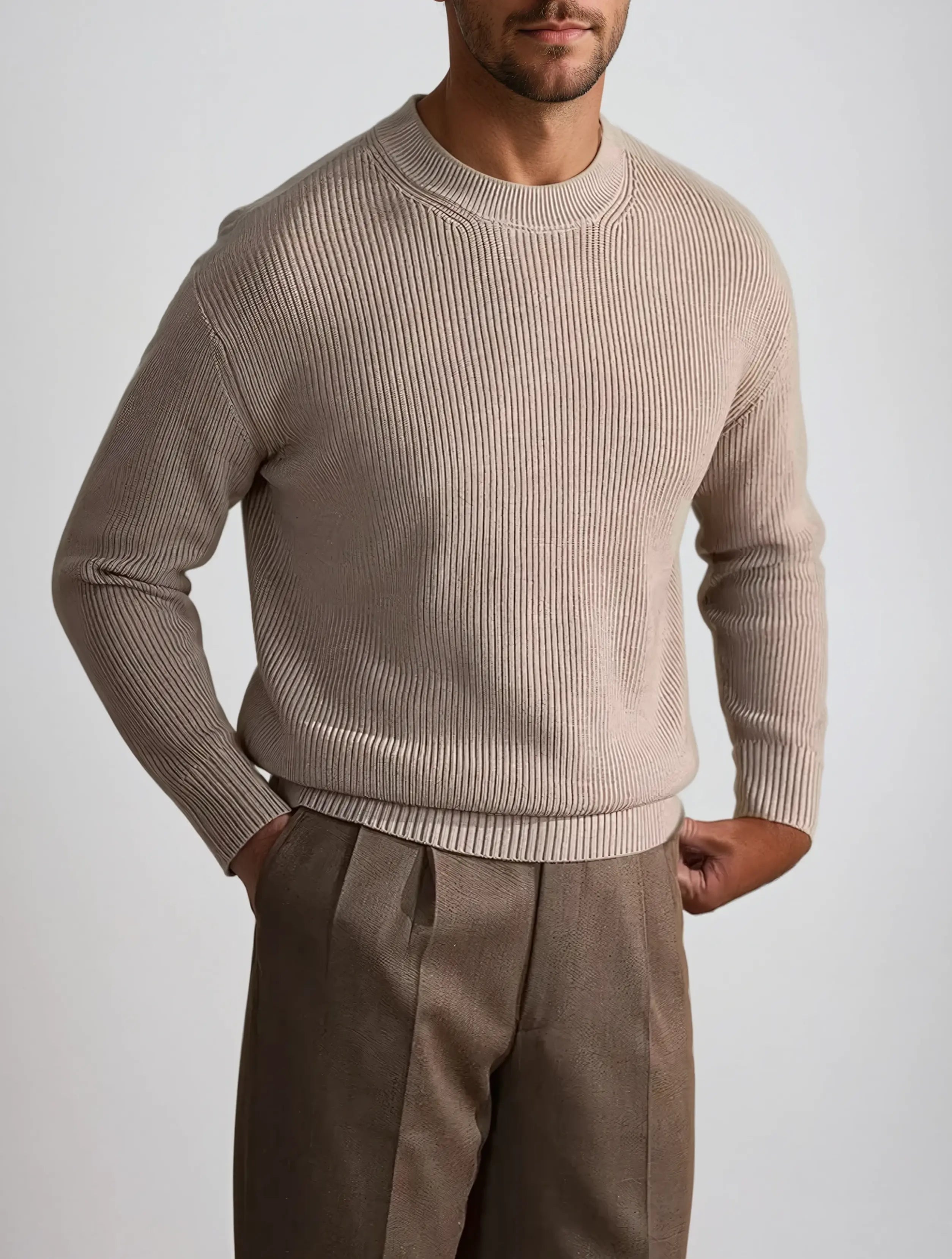 Ribbed Crew Neck Sweater – Beige